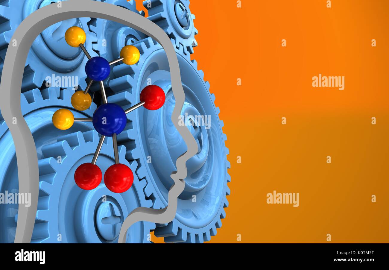 3d illustration of molecule over orange background with blue gears