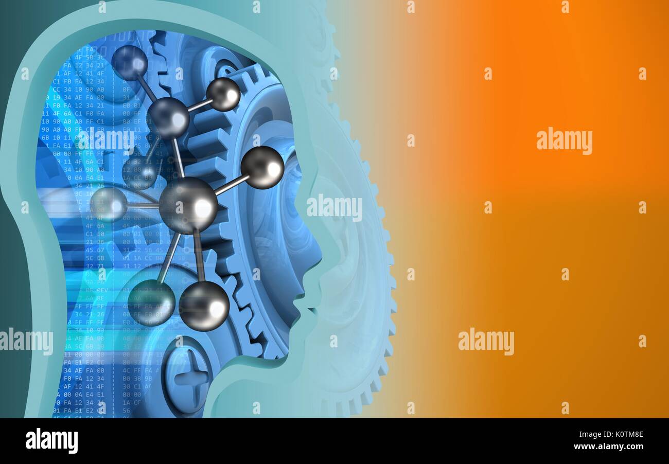 3d illustration of molecule over orange background with blue gears ...