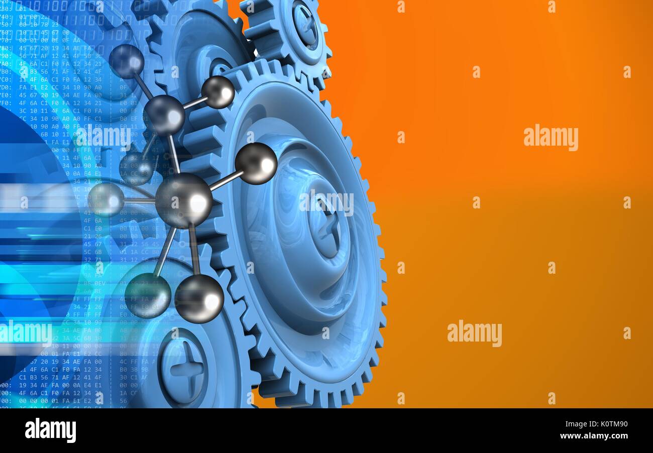 3d illustration of molecule over orange background with blue gears ...
