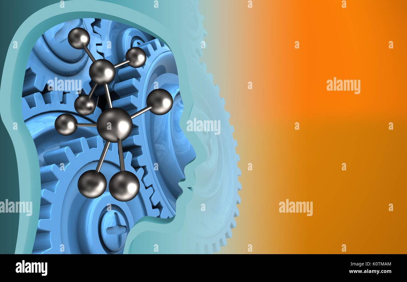 3d illustration of molecule over orange background with blue gears ...