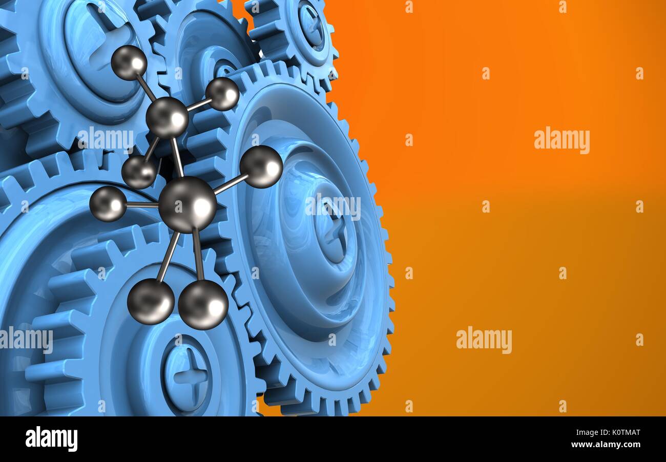 3d illustration of molecule over orange background with blue gears ...