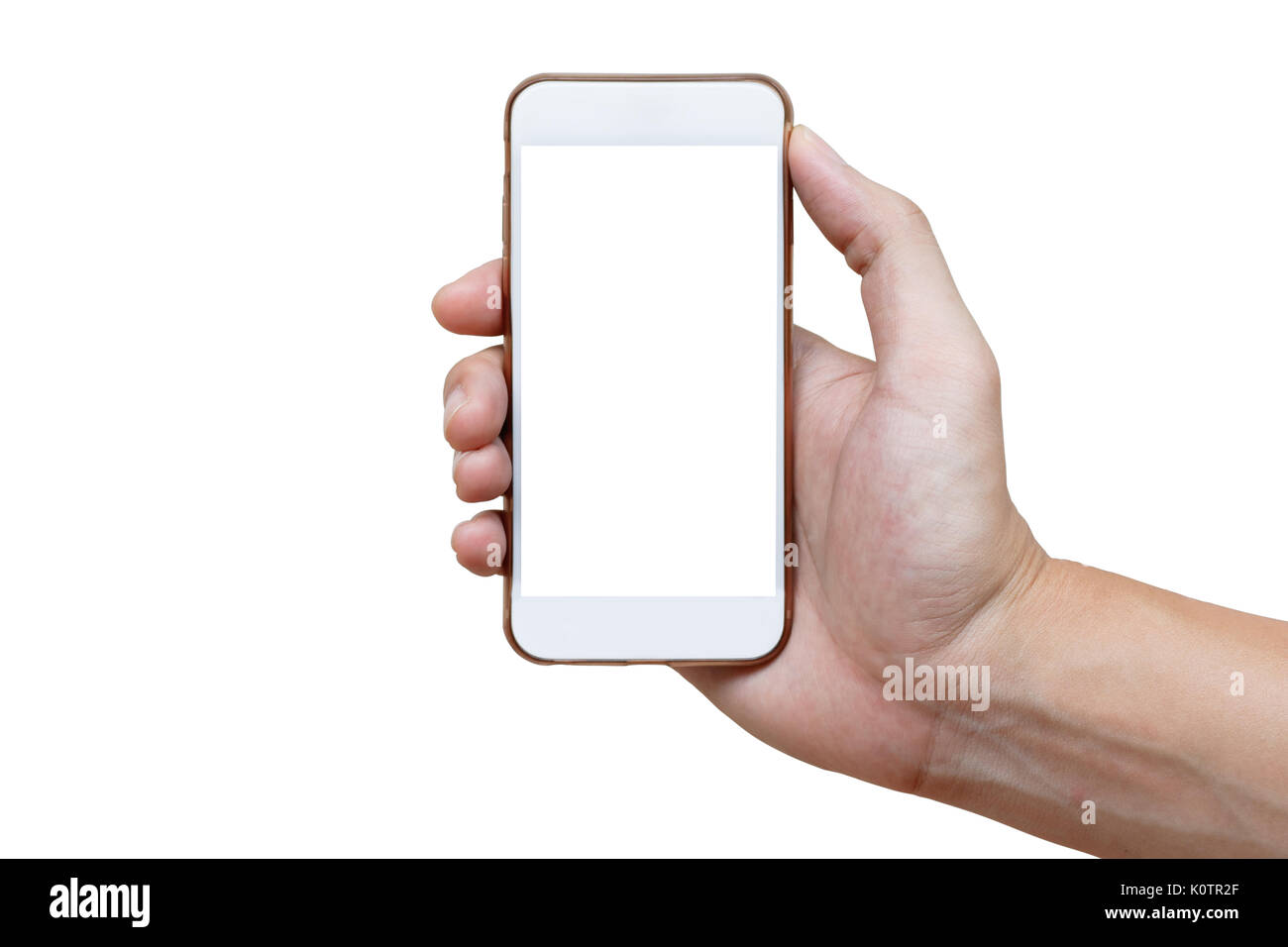 Human hand holding white phone on white screen isolated  with clipping path on hand and inside screen. Stock Photo