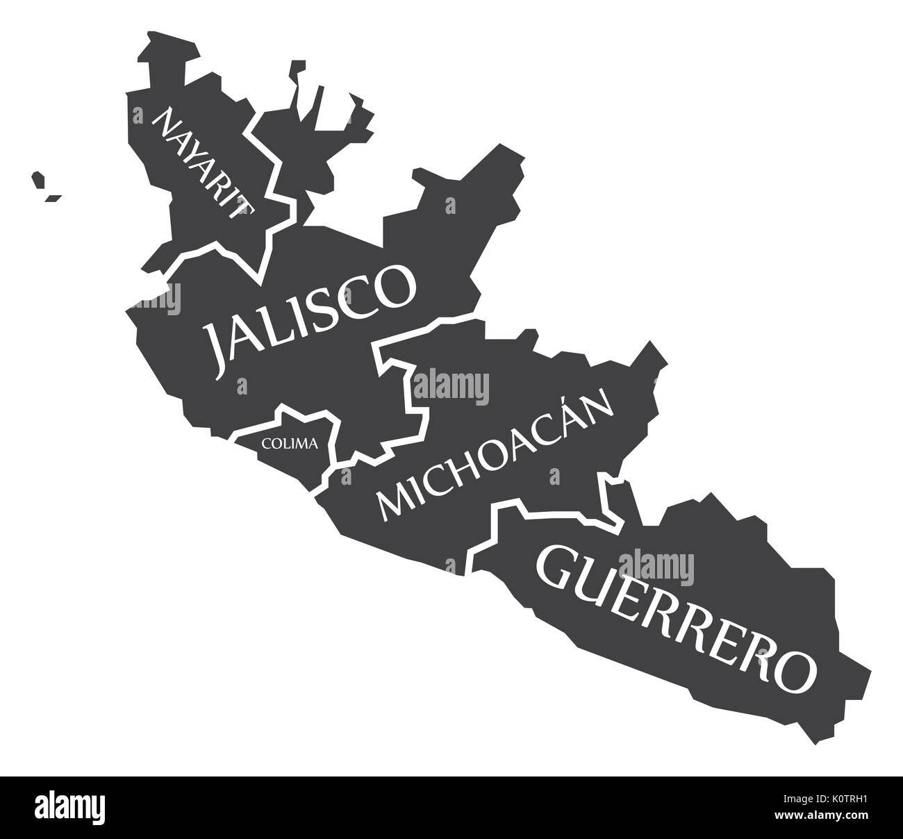 Nayarit - Jalisco - Colima - Michoacan - Guerrero Map Mexico illustration Stock Vector