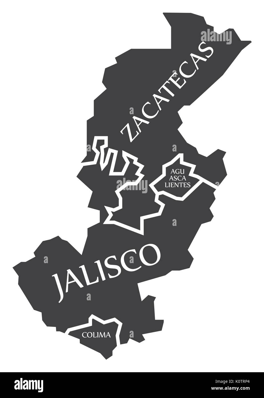 Zacatecas - Aguascalientes - Jalisco - Colima Map Mexico illustration Stock Vector