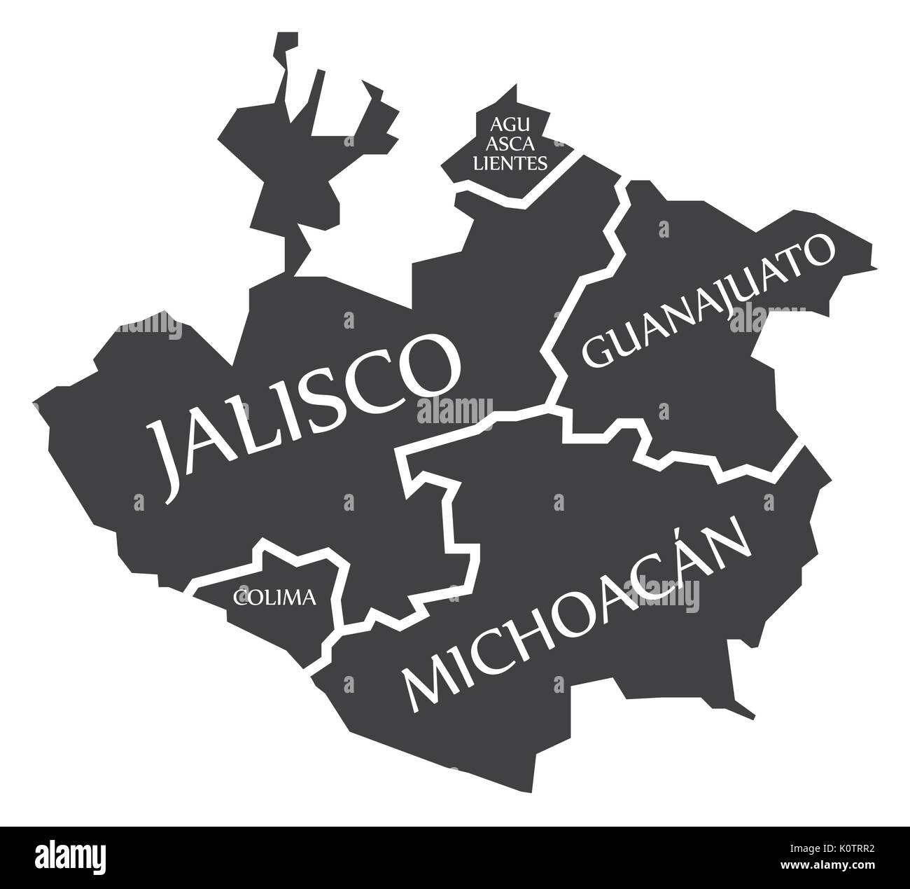 Aguascalientes - Jalisco - Colima - Guanajuato - Michoacan Map Mexico illustration Stock Vector