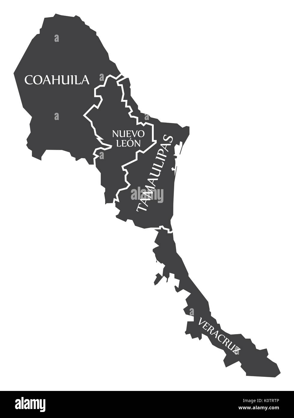 Coahuila - Nuevo Leon - Tamaulipas - Veracruz Map Mexico illustration Stock Vector