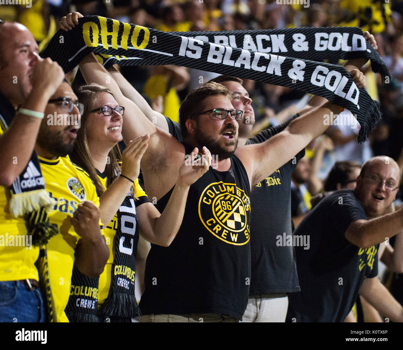 Columbus, USA. 22nd Aug, 2017.  Columbus Crew SC fan cheers his team on against Los Angeles in their match at Mapfre Stadium. Columbus, Ohio, USA. Credit: Brent Clark/Alamy Live News Stock Photo