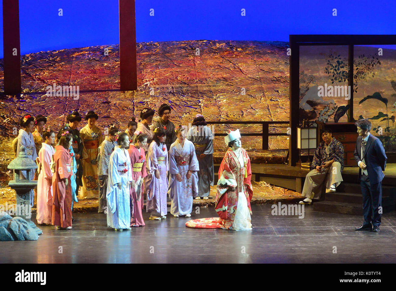 (170824) -- LJUBLJANA, Aug. 24, 2017 (Xinhua) -- Artists of China National Opera House perform 'Madama Butterfly' by Puccini during the Ljubljana Festival in Ljubljana, Slovenia, on Aug. 23, 2017. (Xinhua/Matic Stojs) (hy) Stock Photo