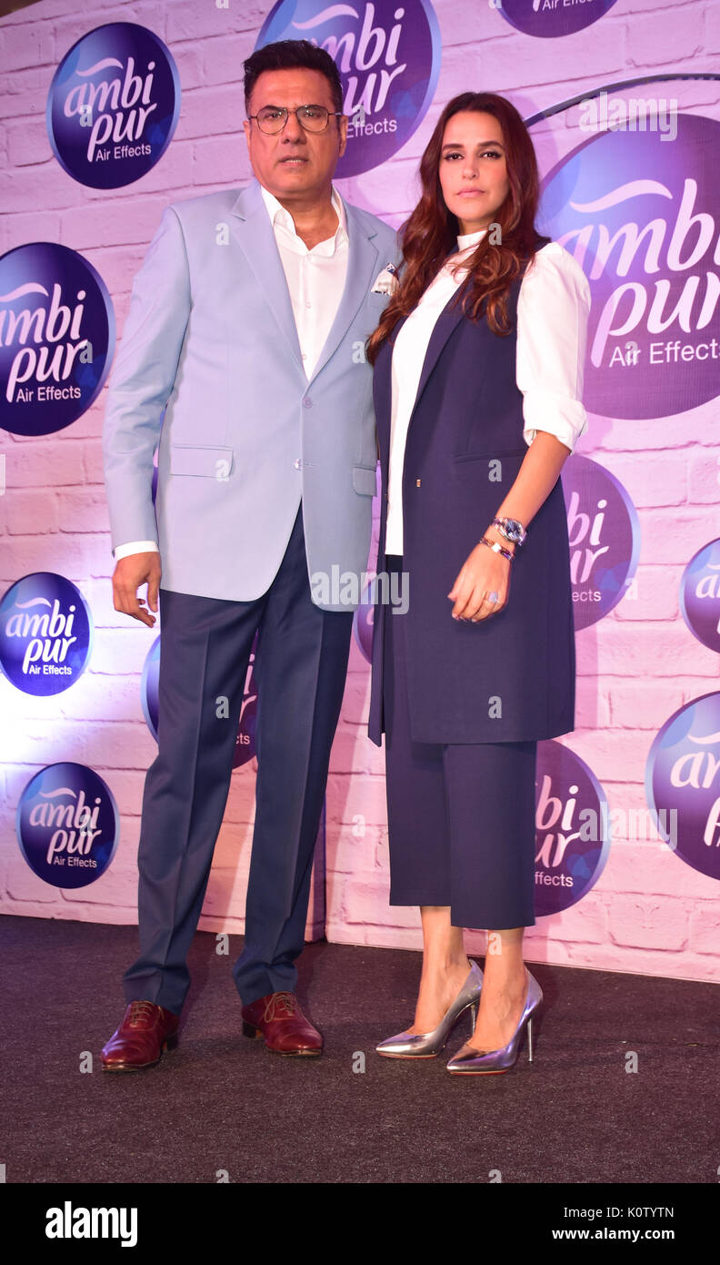 Mumbai, India. 23rd Aug, 2017. Indian film actor Boman Irani and Neha Dhupia pose during the launch of P&G India's new AmbiPur air freshner at JW hotel Juhu, Mumbai Credit: Azhar Khan/Alamy Live News Stock Photo