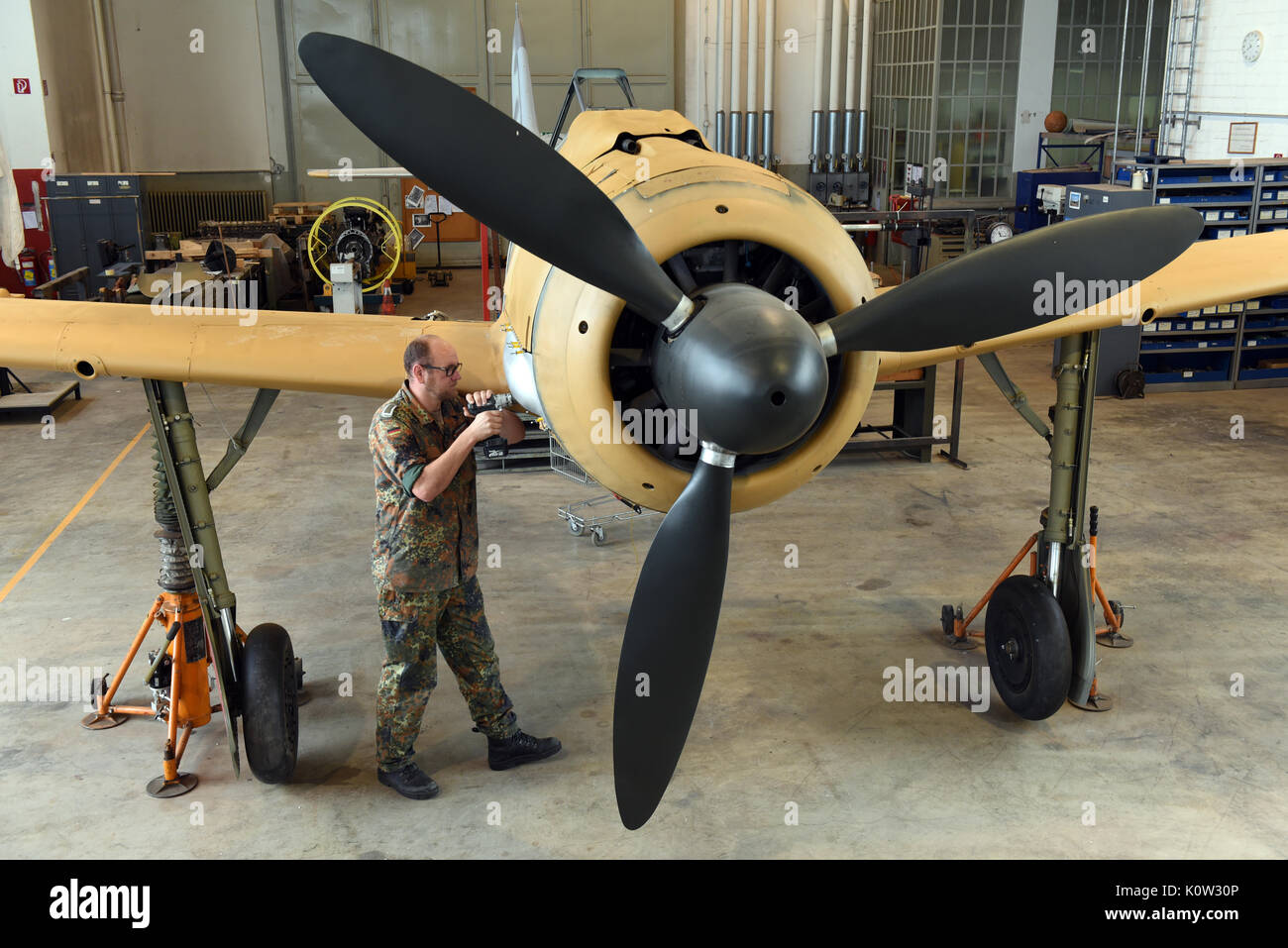 A Focke-Wulf Fw 190 A-8/R-2 is being restored in the restoration hangar of the Berlin-Gatow airfield branch of the Bundeswehr Museum of Military History in Berlin, Germany, 18 August 2017. The plan will be shown in the new exhibition in Hangar 3. Photo: Maurizio Gambarini/dpa Stock Photo