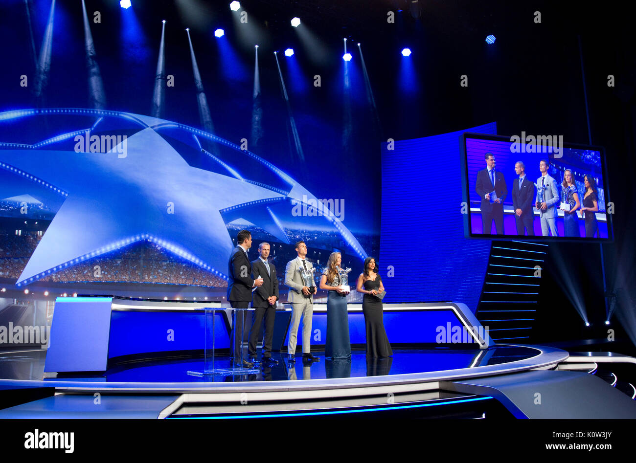 Monaco, Monte Carlo - August 24, 2017: UEFA Champions League Group Stage  Draw and Player of the Year Awards, Season Kick Off 2017-2018 in Monaco  with Cristiano Ronaldo and Lieke Martens from