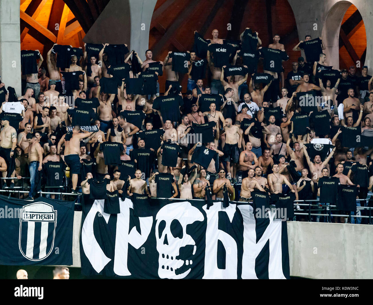 Felcsut, Hungary. 24th Aug, 2017. The ultras of FK Partizan incite their team during the UEFA Europa League Play-offs 2nd Leg match between Videoton FC and FK Partizan at Pancho Arena on August 24, 2017 in Felcsut, Hungary. Credit: Laszlo Szirtesi/Alamy Live News Stock Photo