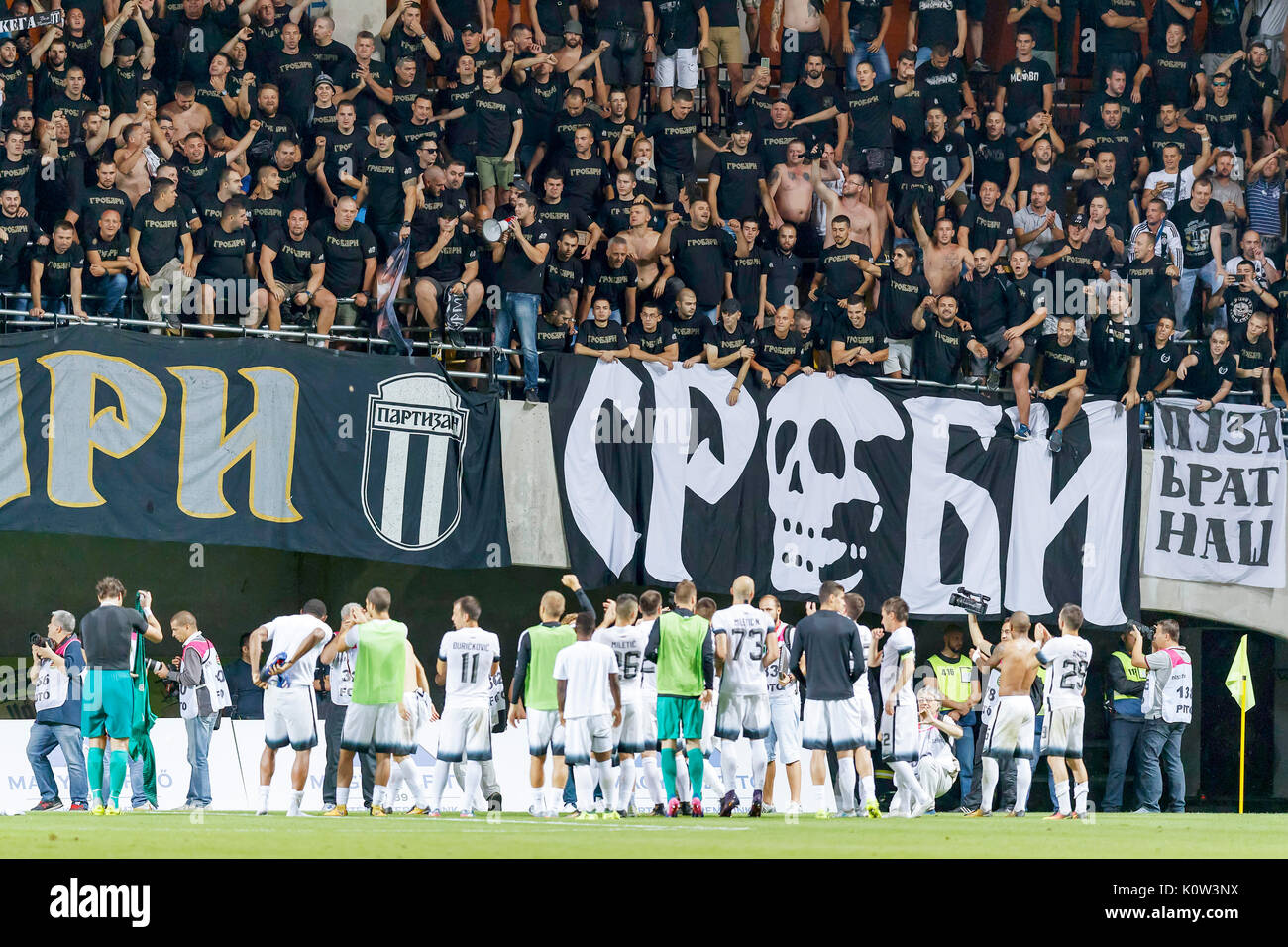Felcsut, Hungary. 24th Aug, 2017. The teammates of FK Partizan give thanks to the ultras after the UEFA Europa League Play-offs 2nd Leg match between Videoton FC and FK Partizan at Pancho Arena on August 24, 2017 in Felcsut, Hungary. Credit: Laszlo Szirtesi/Alamy Live News Stock Photo