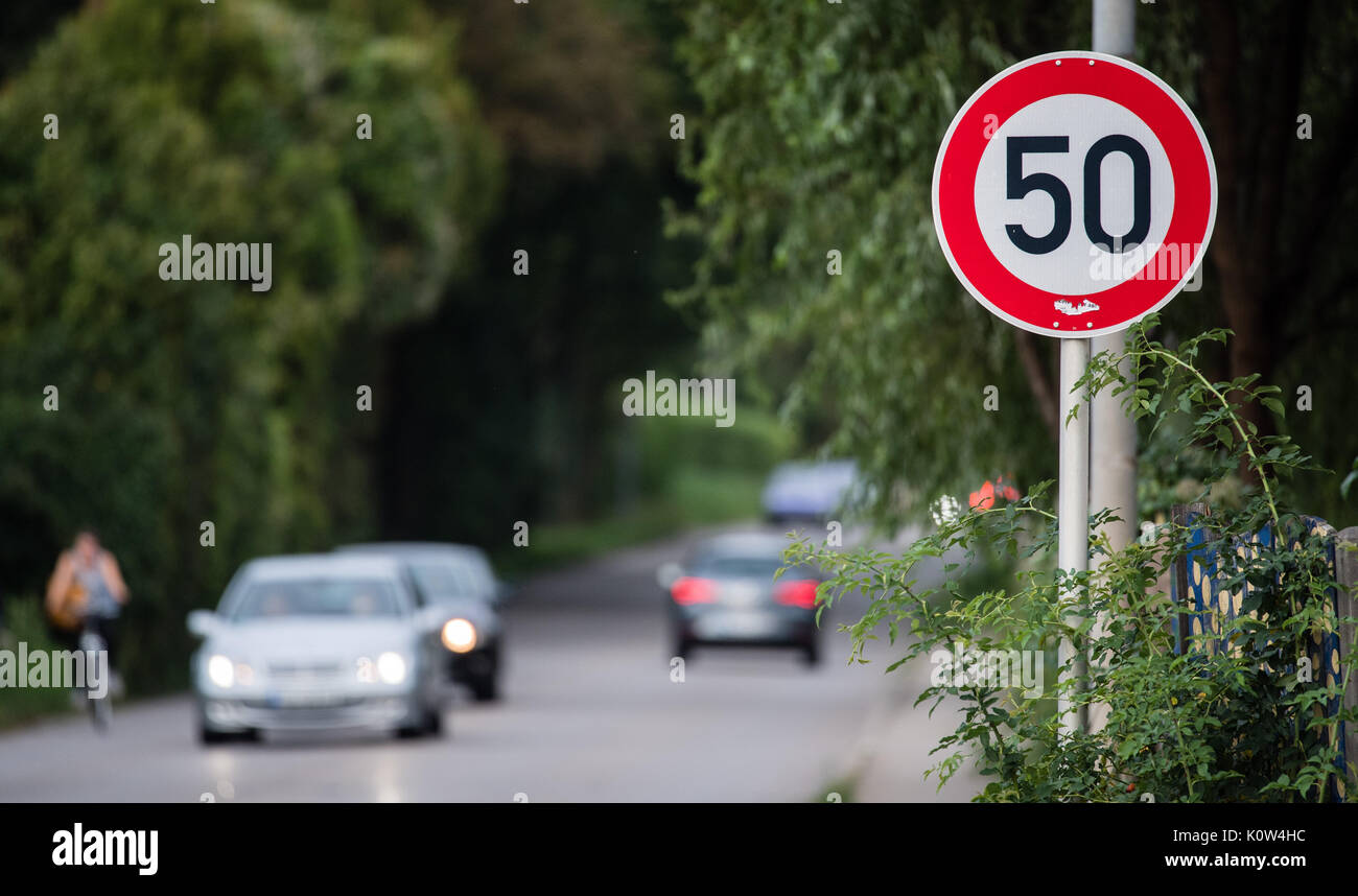 A traffic sign indicating a speed limit of 50 km/h seen near Tubingen ...