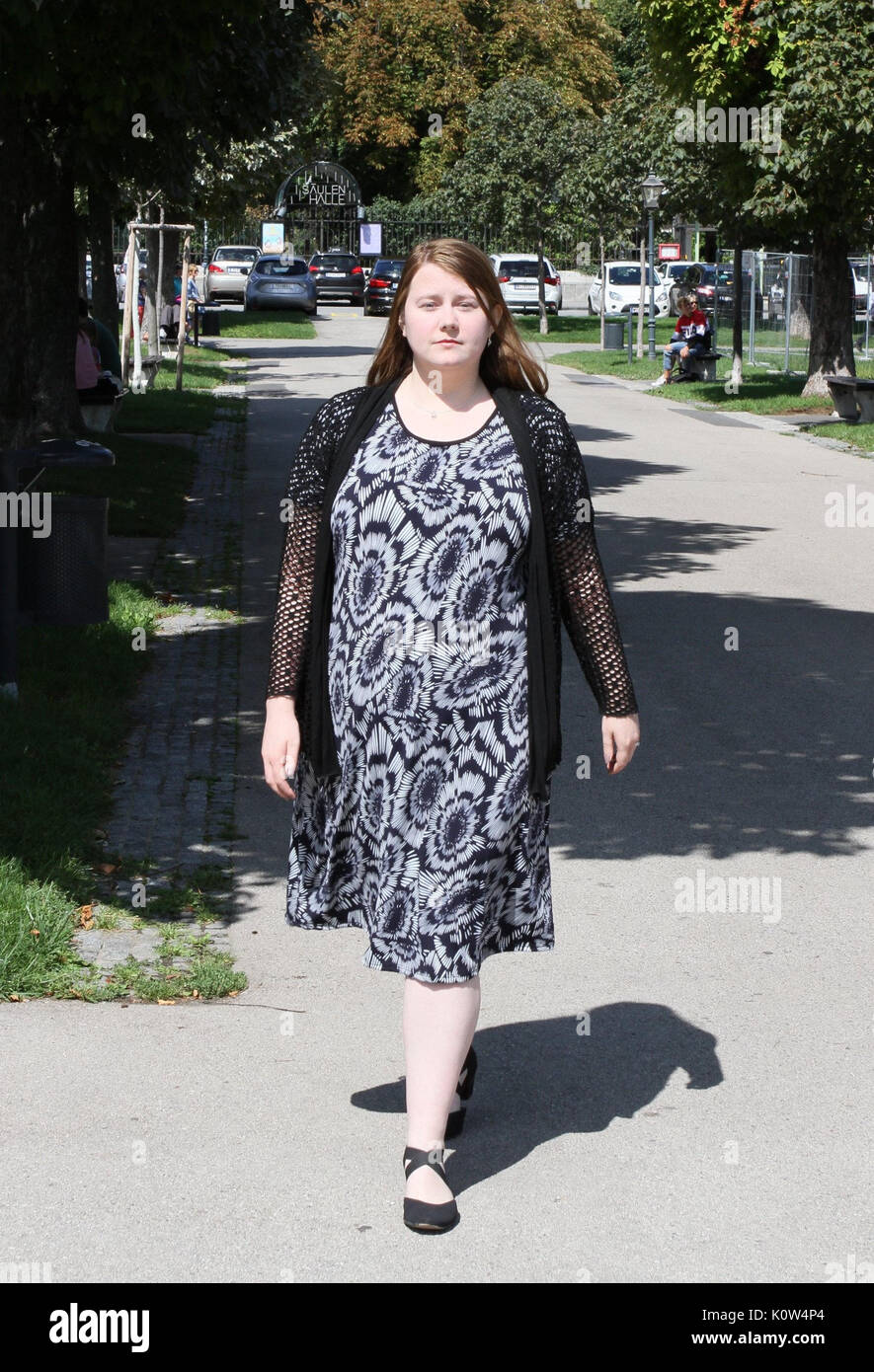 Abduction victim Natascha Kampusch can be seen in a park in Vienna, Austria, 21 August 2017. Her case moved the entire world. The Viennese was kidnapped as a ten-year-old on her way to school and was held and abused in a cellar for eight years. Eleven years after her liberation, she turns her creative passion into a profession. Photo: Sandra Walder/dpa Stock Photo