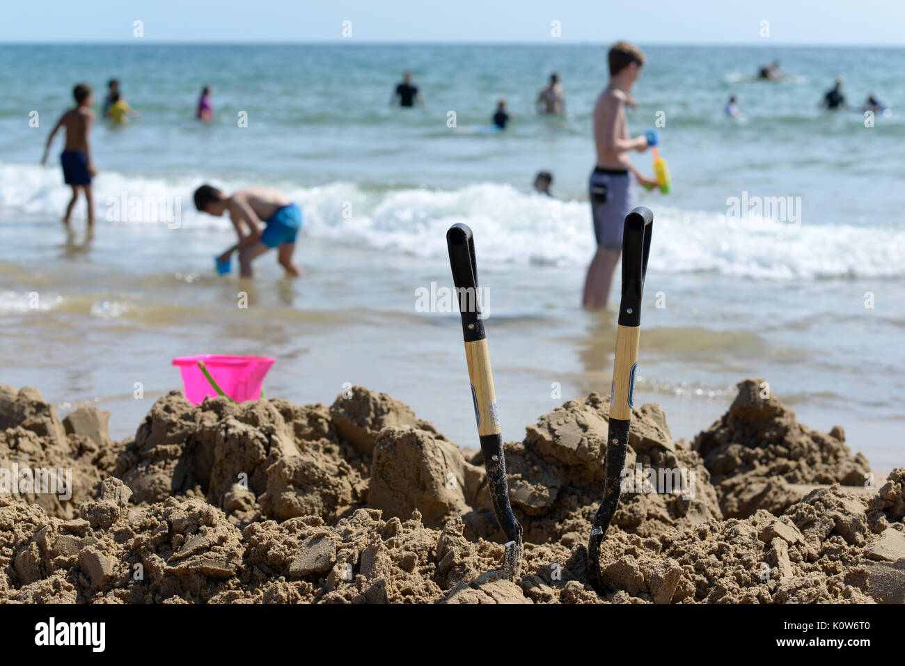 Bucket and spade in the sand from sandcastles, Bournemouth Beach