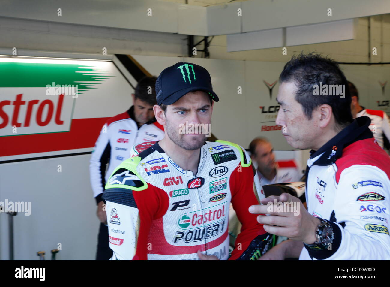 Silverstone, 25th August, 2017 UK's Cal Crutchlow (Honda) gets his instructions prior to first run  at the OCTO British MotoGPSilverstone, 25th August, 2017   during the OCTO British MotoGP weekend Stock Photo