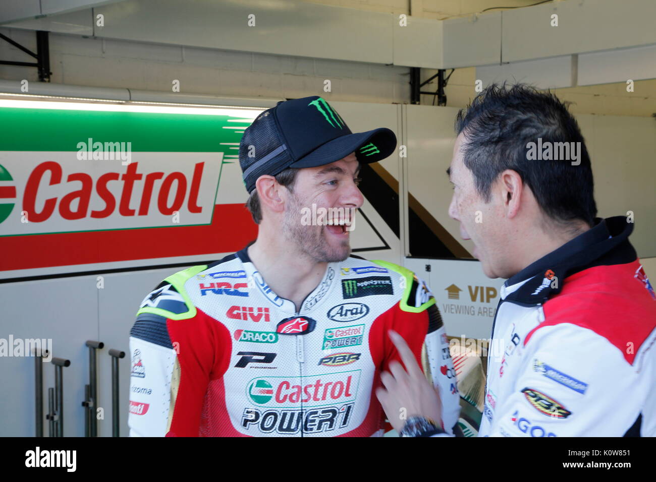 Silverstone, 25th August, 2017 UK's Cal Crutchlow (Honda) gets his instructions prior to first run  at the OCTO British MotoGPSilverstone, 25th August, 2017   during the OCTO British MotoGP weekend Stock Photo