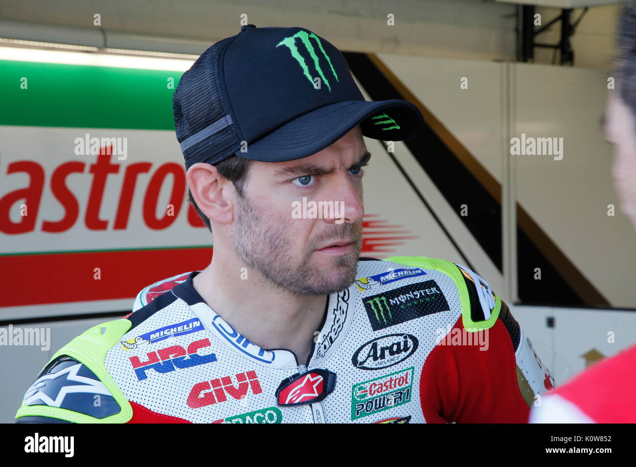 Silverstone, 25th August, 2017 UK's Cal Crutchlow (Honda) gets his instructions prior to first run  at the OCTO British MotoGPSilverstone, 25th August, 2017   during the OCTO British MotoGP weekend Stock Photo