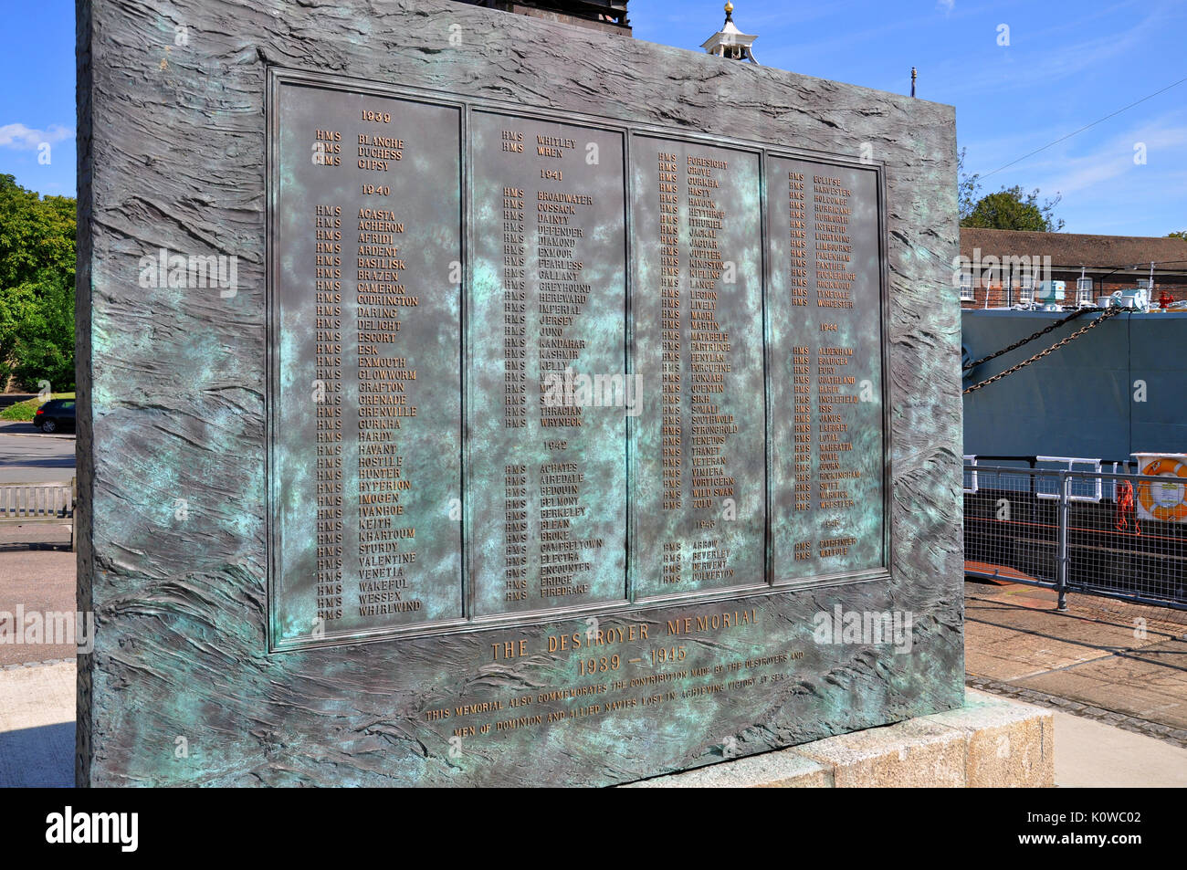 The Destroyer Memorial 1939 - 1945 at Chatham Historic Dockyard, Kent. List of Royal Navy destroyer warships lost in World War Two with loss of 11000 Stock Photo