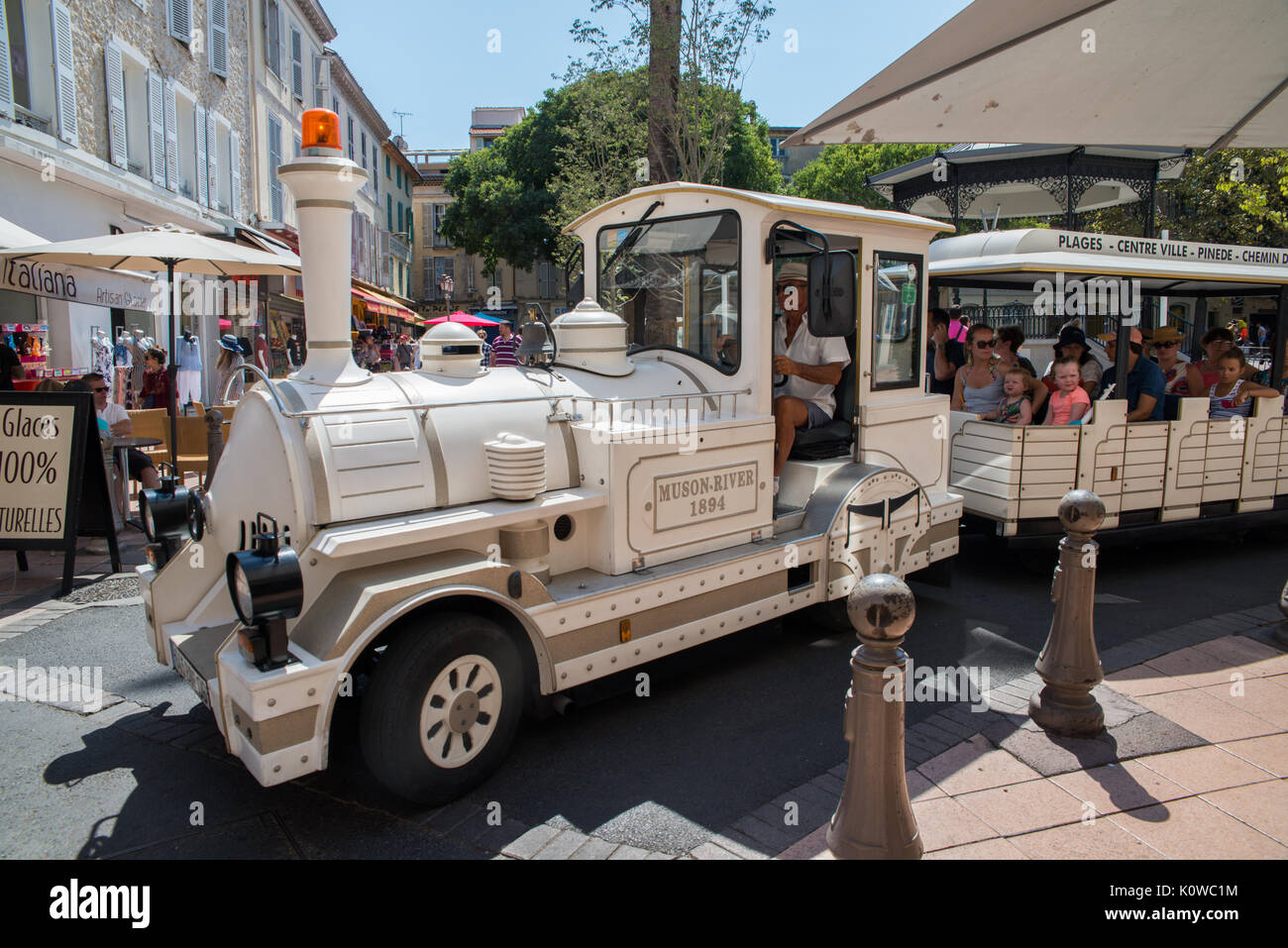 Guided touristic train in Antibes, France Stock Photo