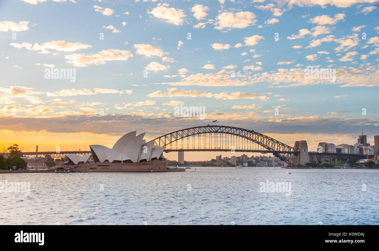 Circular Quay and The Rocks at dusk, skyline with Sydney Opera House, Harbor Bridge, Opera, Financial District, Banking District Stock Photo