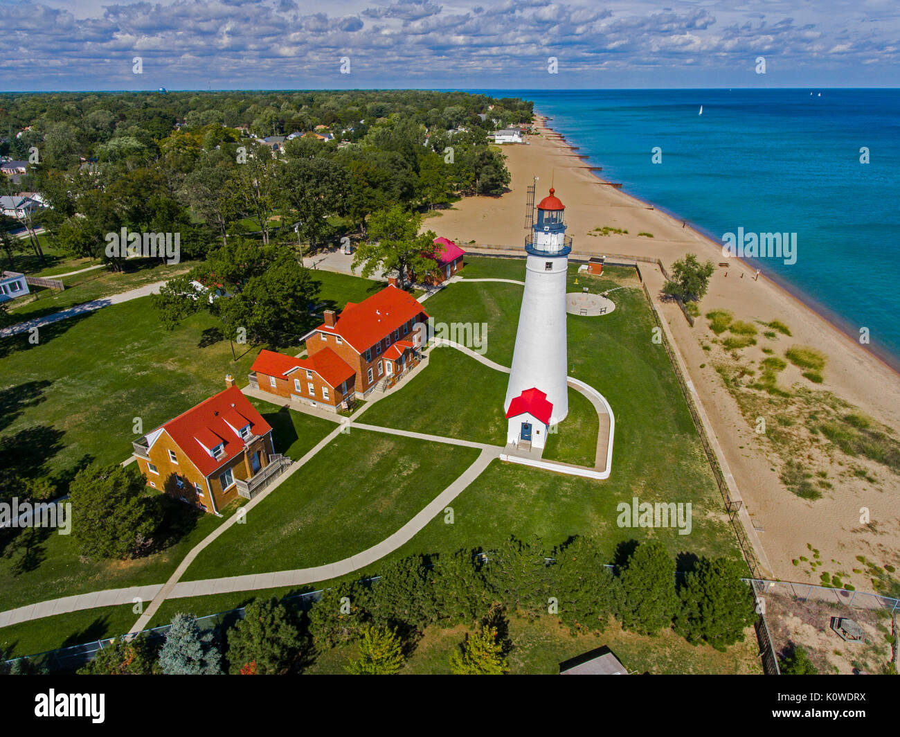 The Fort Gratiot Lighthouse stationed at Port Huron Michigan aerial view Stock Photo