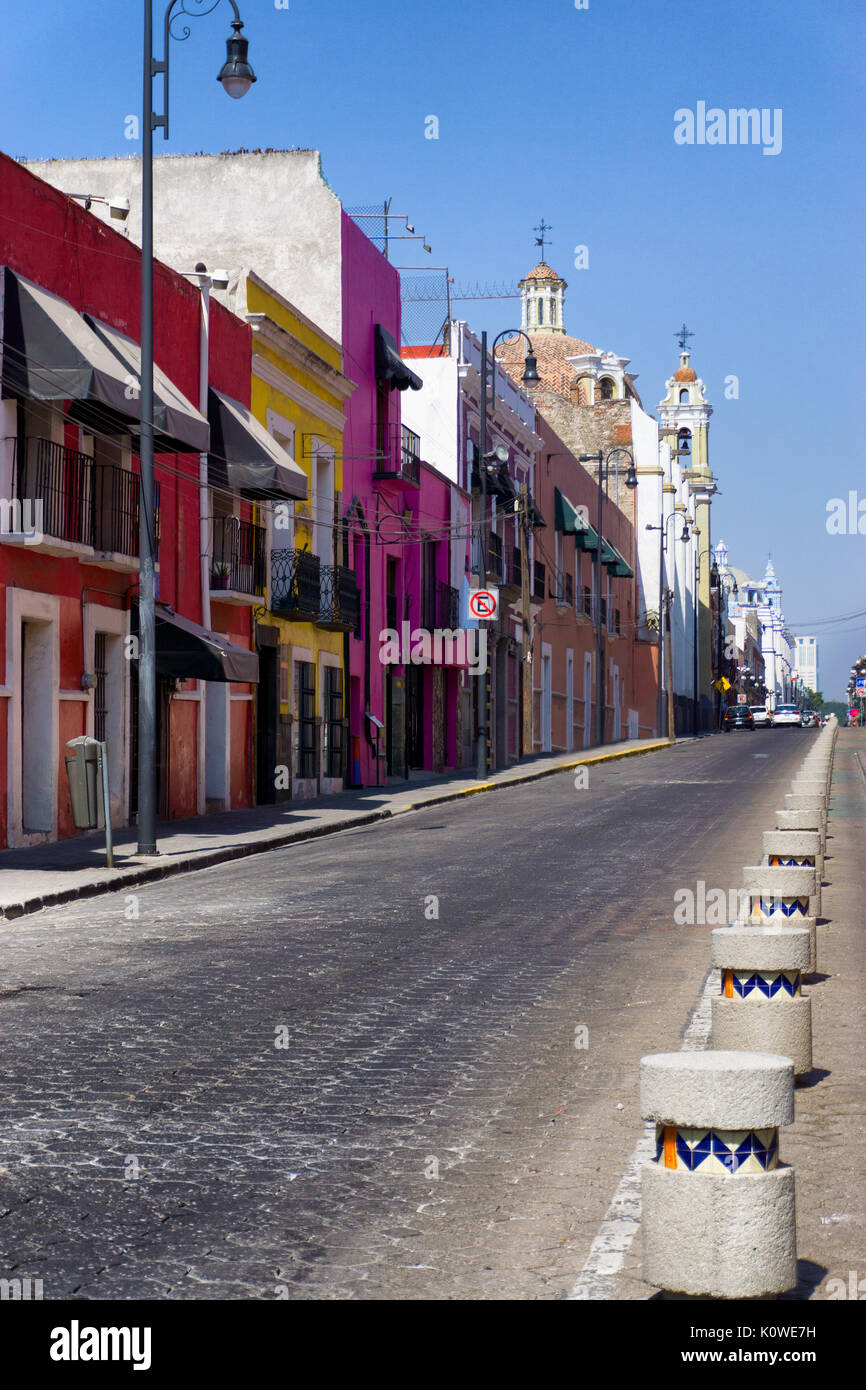 Colorful street with houses and churches in Puebla, Mexico Stock Photo