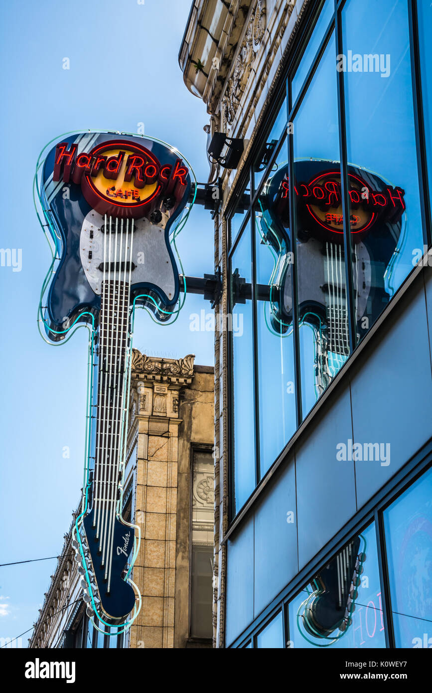 Hard Rock Cafe Seattle Iconic Neon Guitar Sign and Reflection Downtown Seattle, Washington Vertical Stock Photo