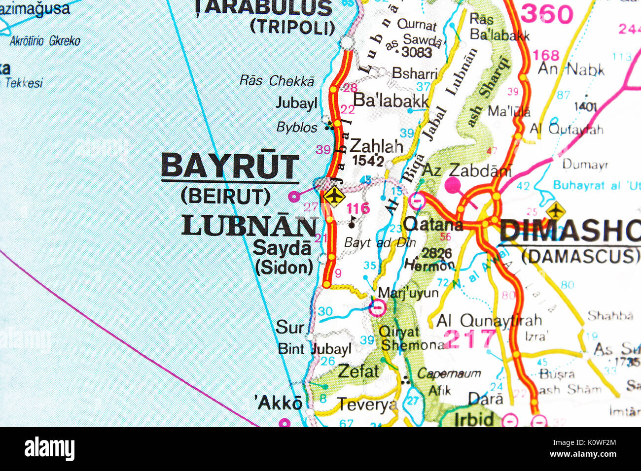 Beirut Bayrüt Lubnán Damascus map city map road map. Stock Photo
