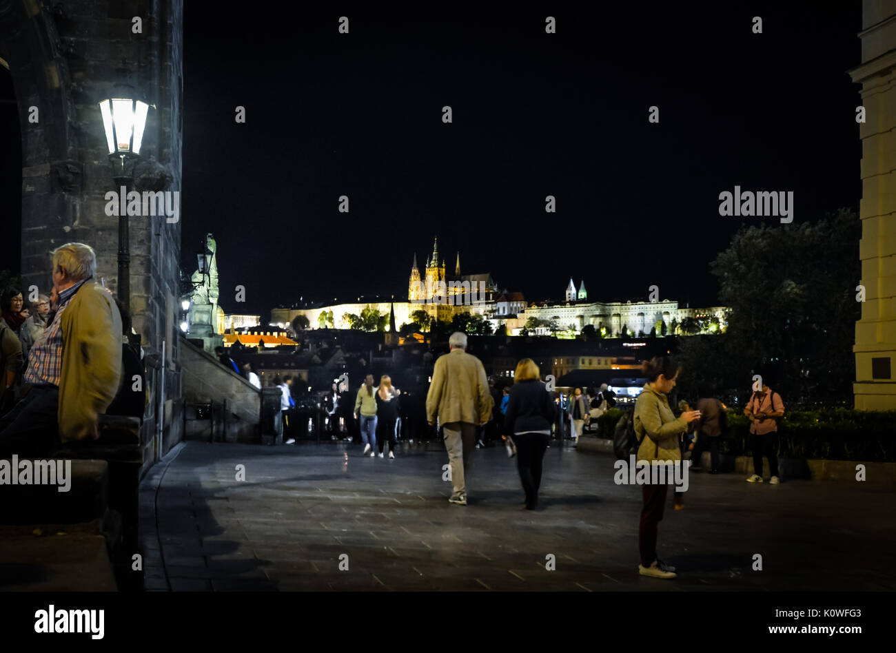 Night time view of St Vitus Cathedral and the Prague castle complex from the tower at Charles Bridge Stock Photo