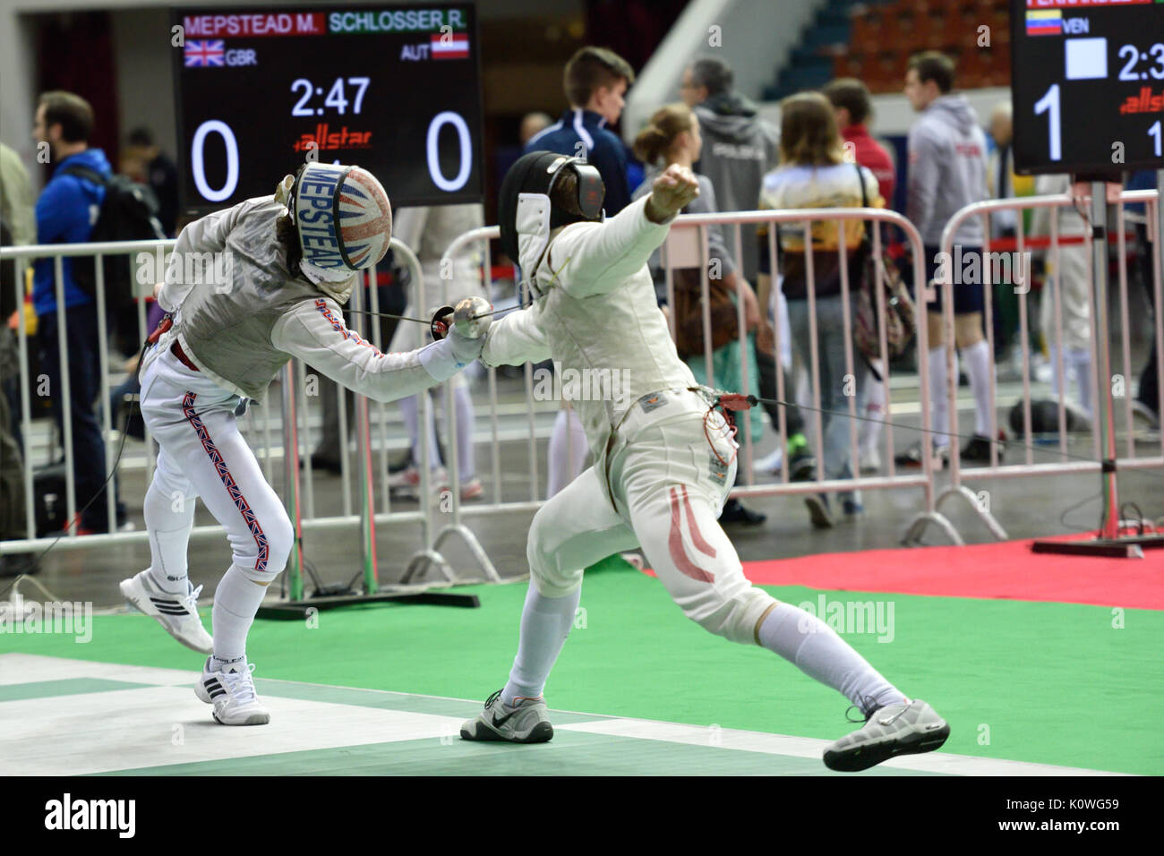 St. Petersburg, Russia - May 1, 2015: Marcus Mepstead of Great Britain vs Roland Schlosser of Austria during the first day of competitions in 41th Int Stock Photo
