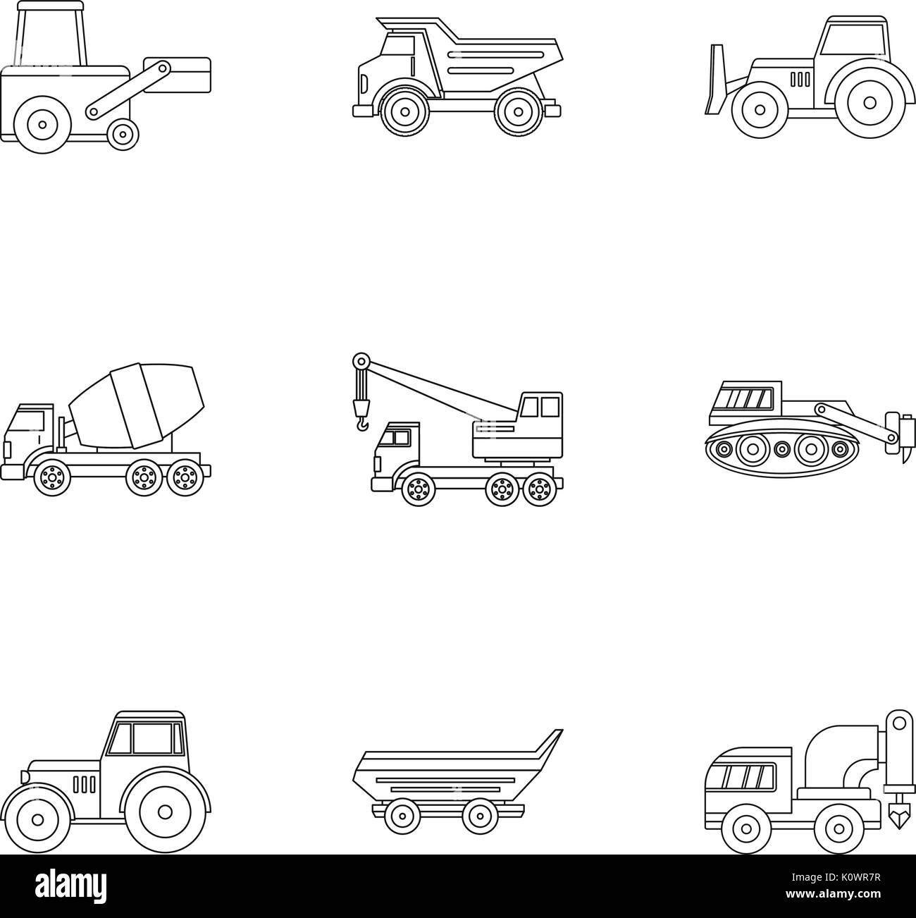 Construction heavy vehicle icon set, outline style Stock Vector