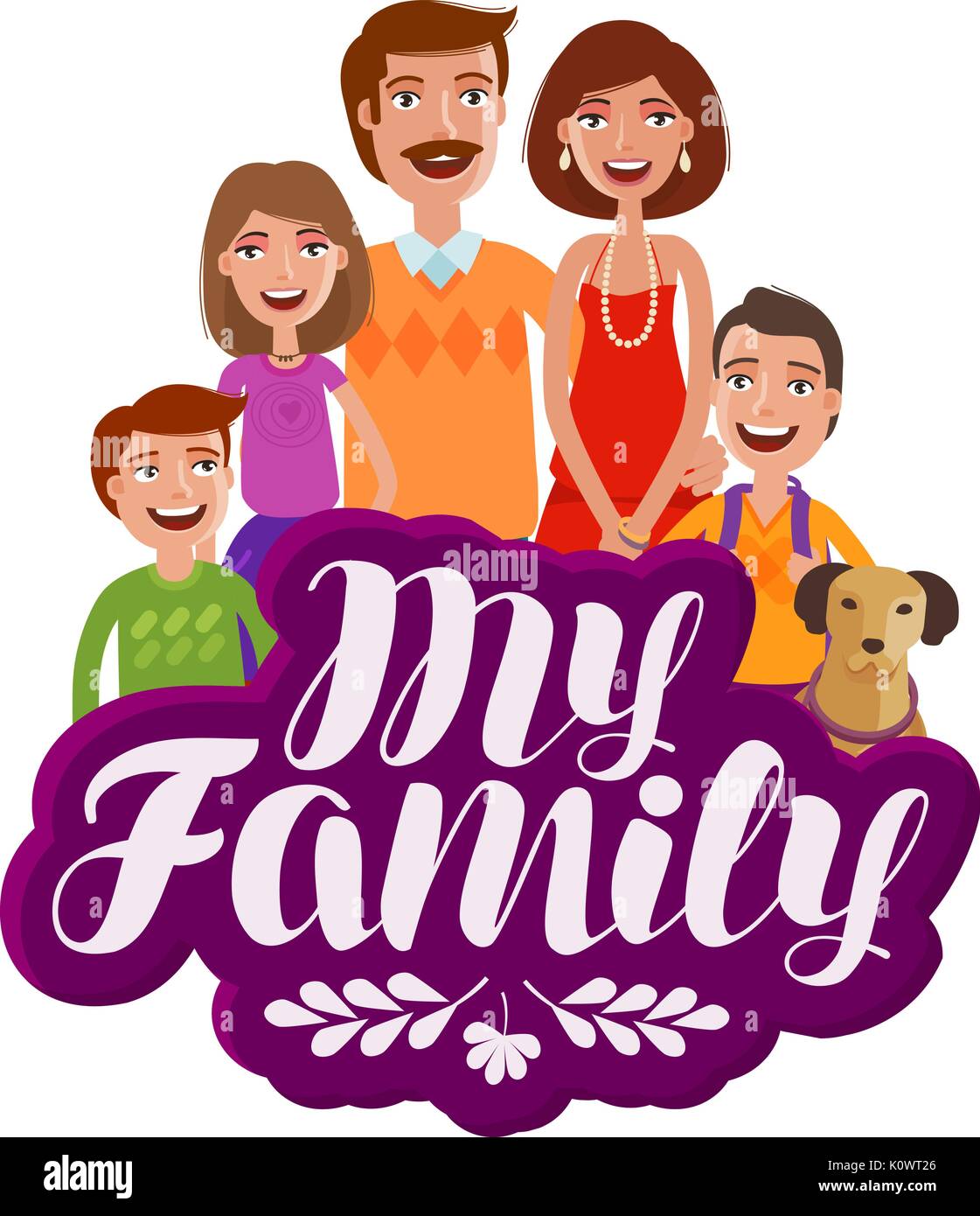 Happy large family, banner. Parents and children. Cartoon vector illustration Stock Vector