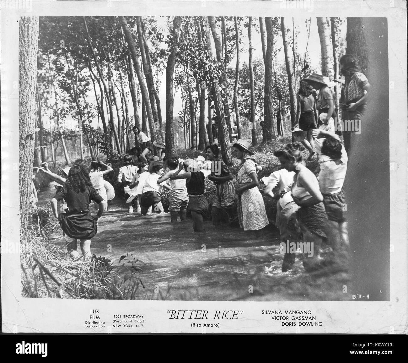 A movie still scene from 'Bitter Rice' (1949 Italian film), showing a group of young women laughingly crossing a river with some of them pulling up their dresses to keep it from getting wet, 1949. Stock Photo