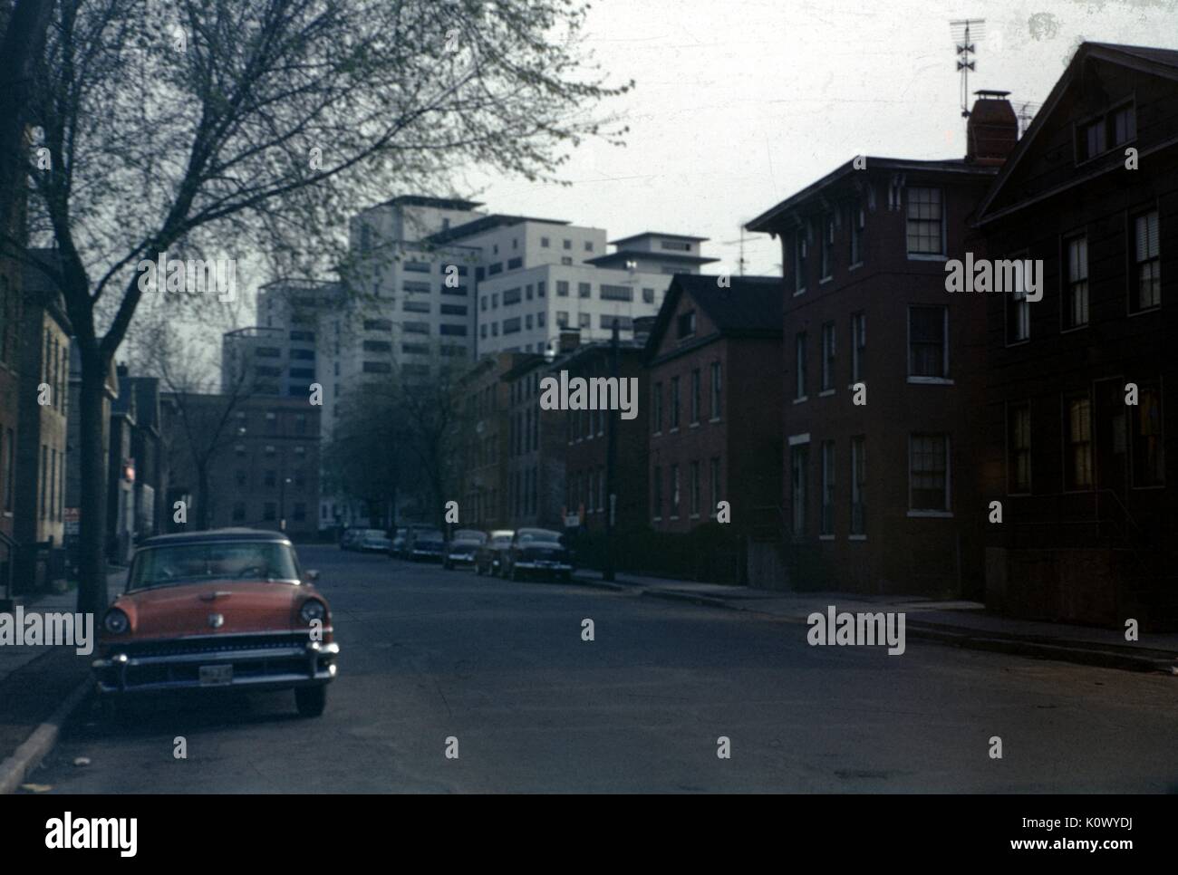 Street scene with red car parked under a tree, rows of houses on a quiet city street with a large white commercial building in the foreground, on a cloudy day, San Francisco, California, 1952. Photo credit Smith Collection/Gado/Getty Images. Stock Photo