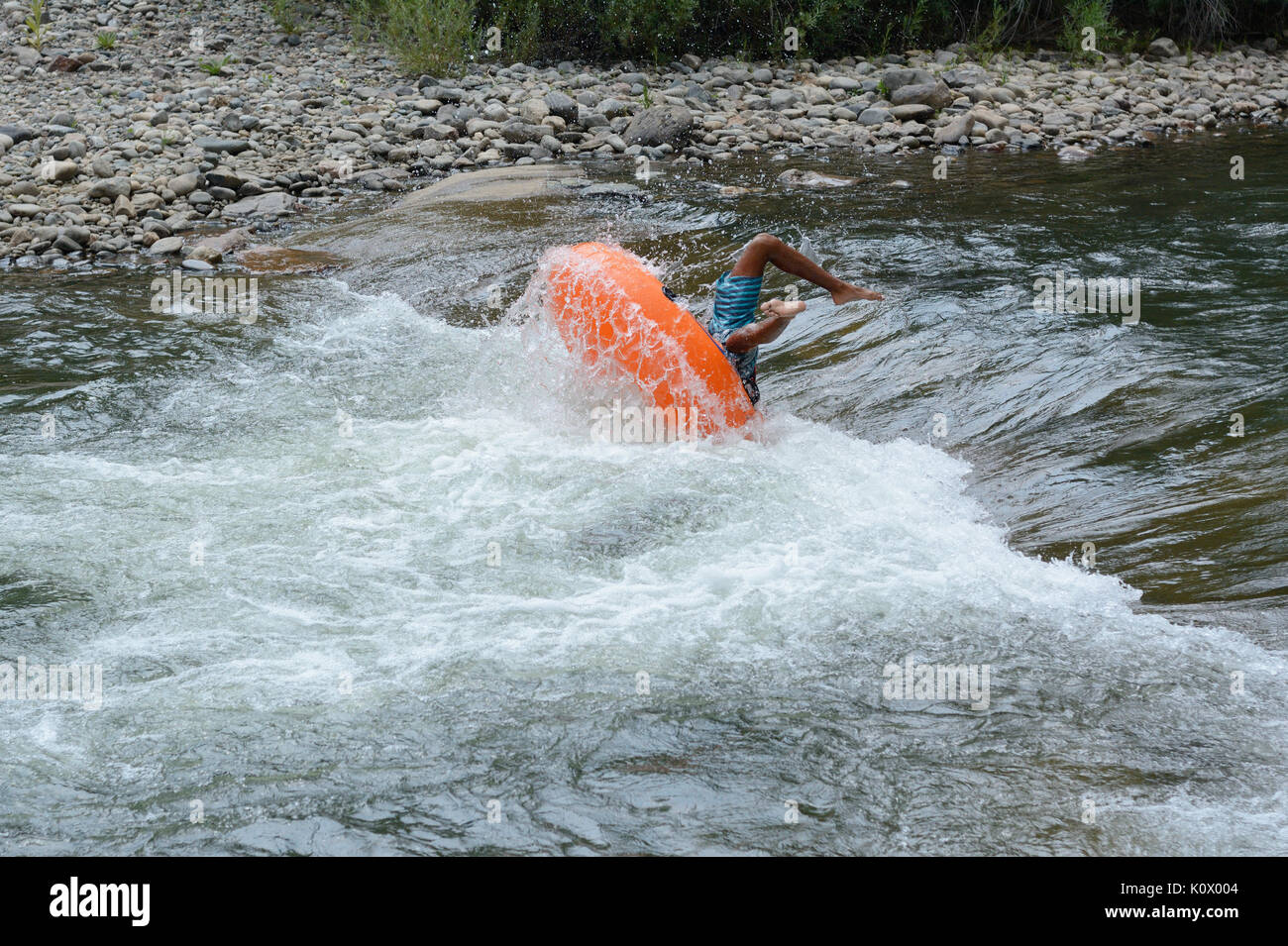 Inner tube float wipe out on white water rapid at Clear Creek White Water Park in Golden, Colorado Stock Photo