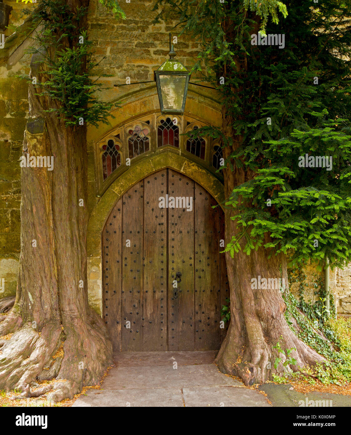 Unusual arched door framed by trunks of 200 year old yew trees at medieval St. Edward's church at Stow-on-the-wold, England Stock Photo