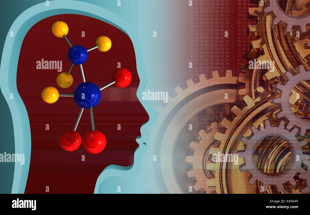 3d illustration of molecule over red background with gears system Stock ...