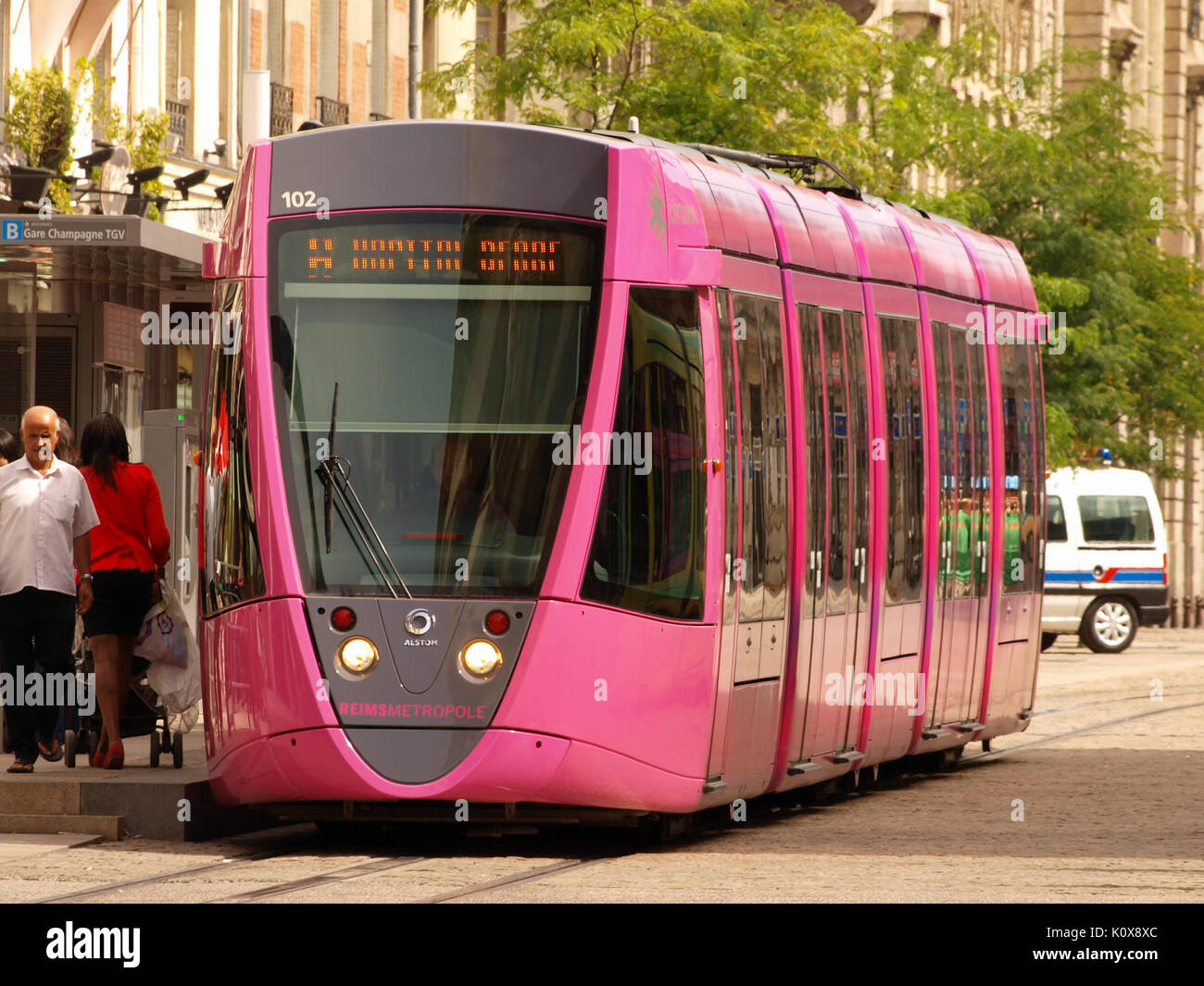 Alsrom tram pink wagon 102 of the Reimsmetropole Stock Photo