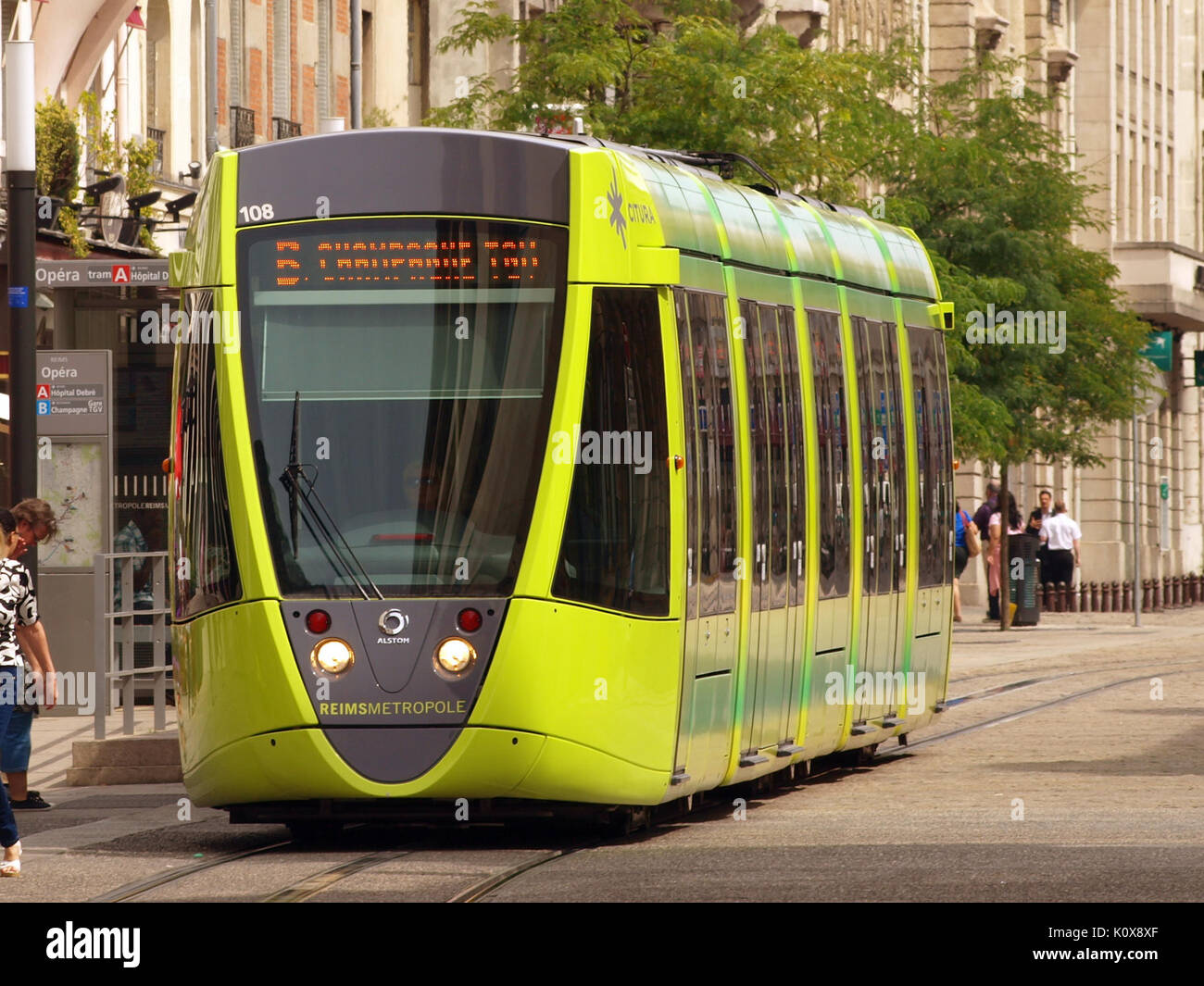 Alstom tram green wagon 108 of the Reimsmetropole Stock Photo