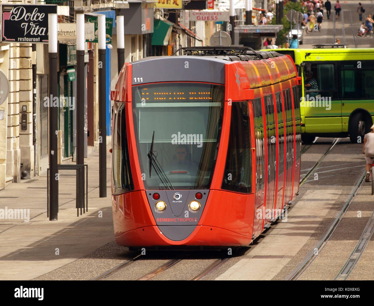 Alsrom tram red wagon 111 of the Reimsmetropole Stock Photo