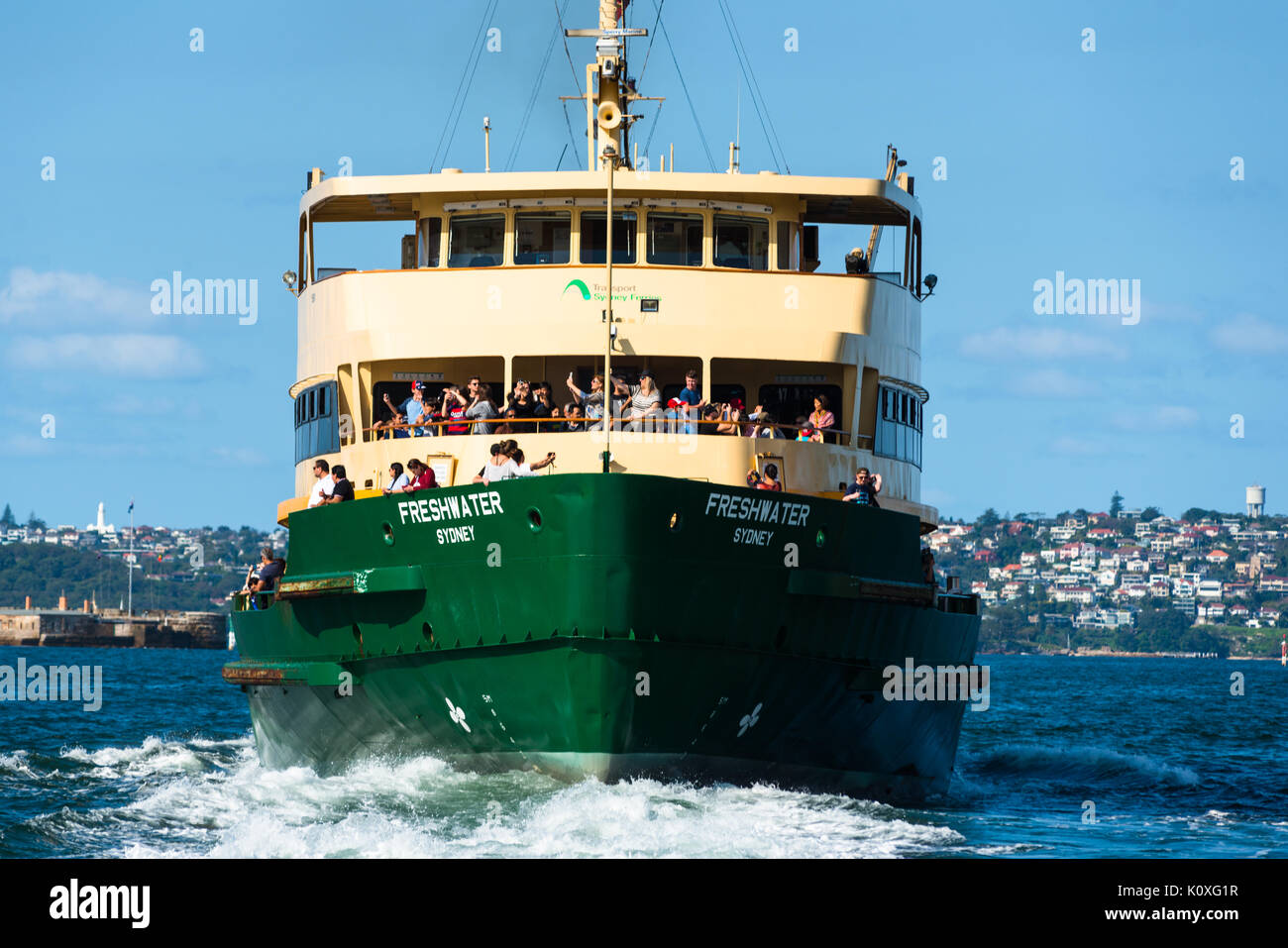 Ferry straight ahead on Sydney Harbour, New South Wales, Australia. Stock Photo