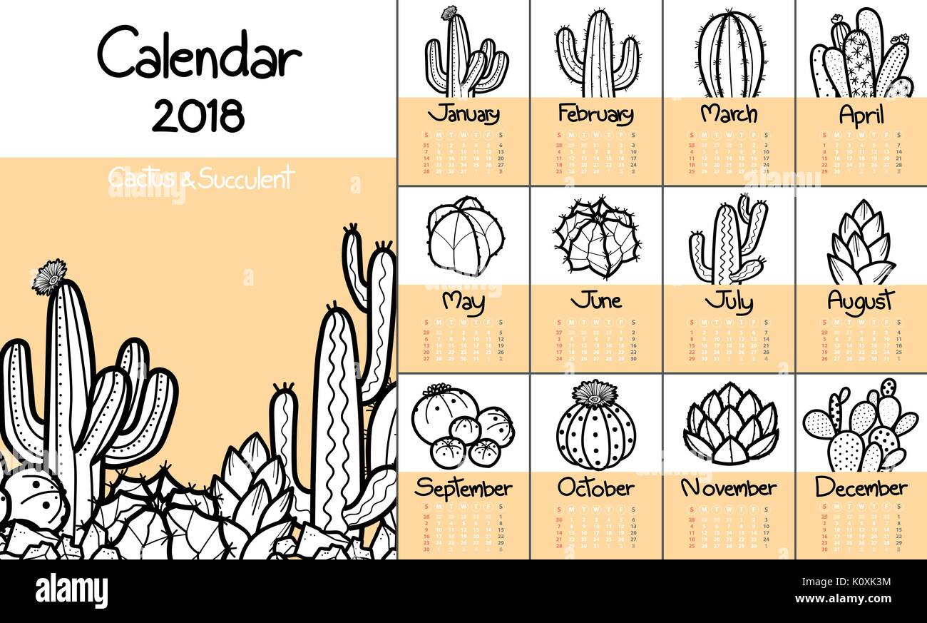Calendar 2018 with cute cactus and succulents in black outline and pastel red background. Planner with simple design.Vector illustration in hand drawn Stock Vector