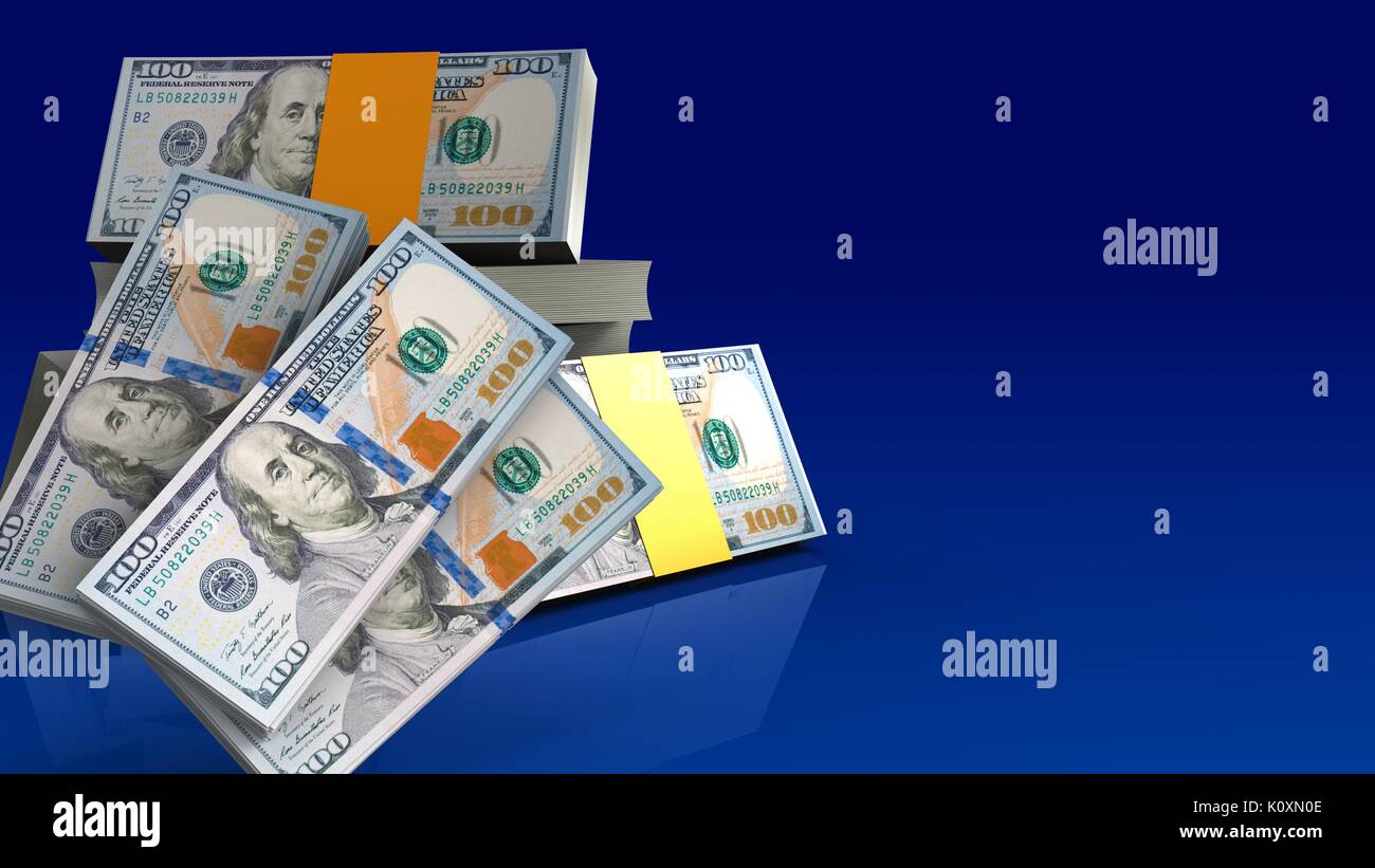 3d illustration of dollars stack over blue gradient background with money banknotes Stock Photo