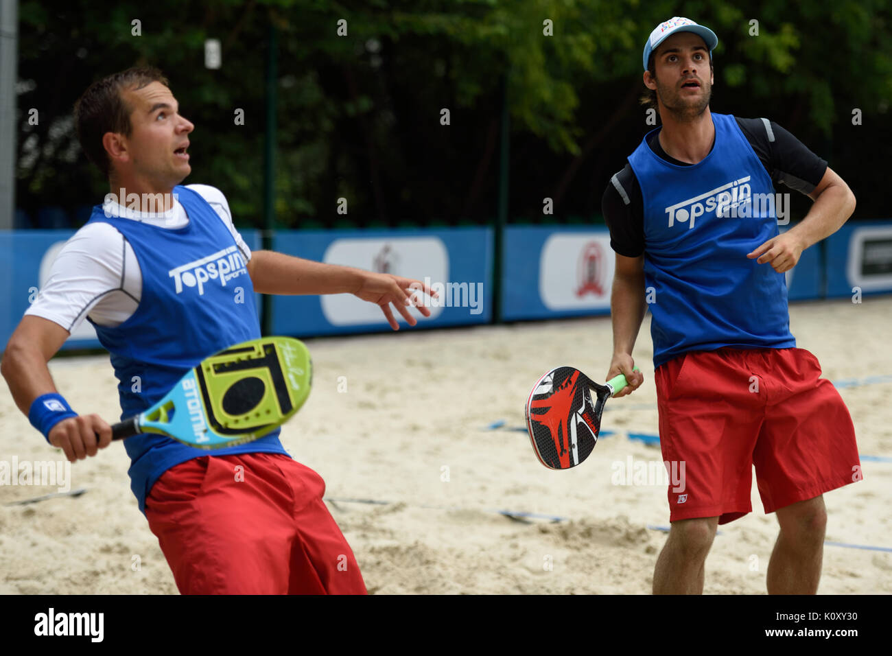 Moscow, Russia - July 15, 2015: Vojtech Dohnal (left) and Jan Sykora of Czech Republic in action during the ITF Beach Tennis World Team Championship.  Stock Photo