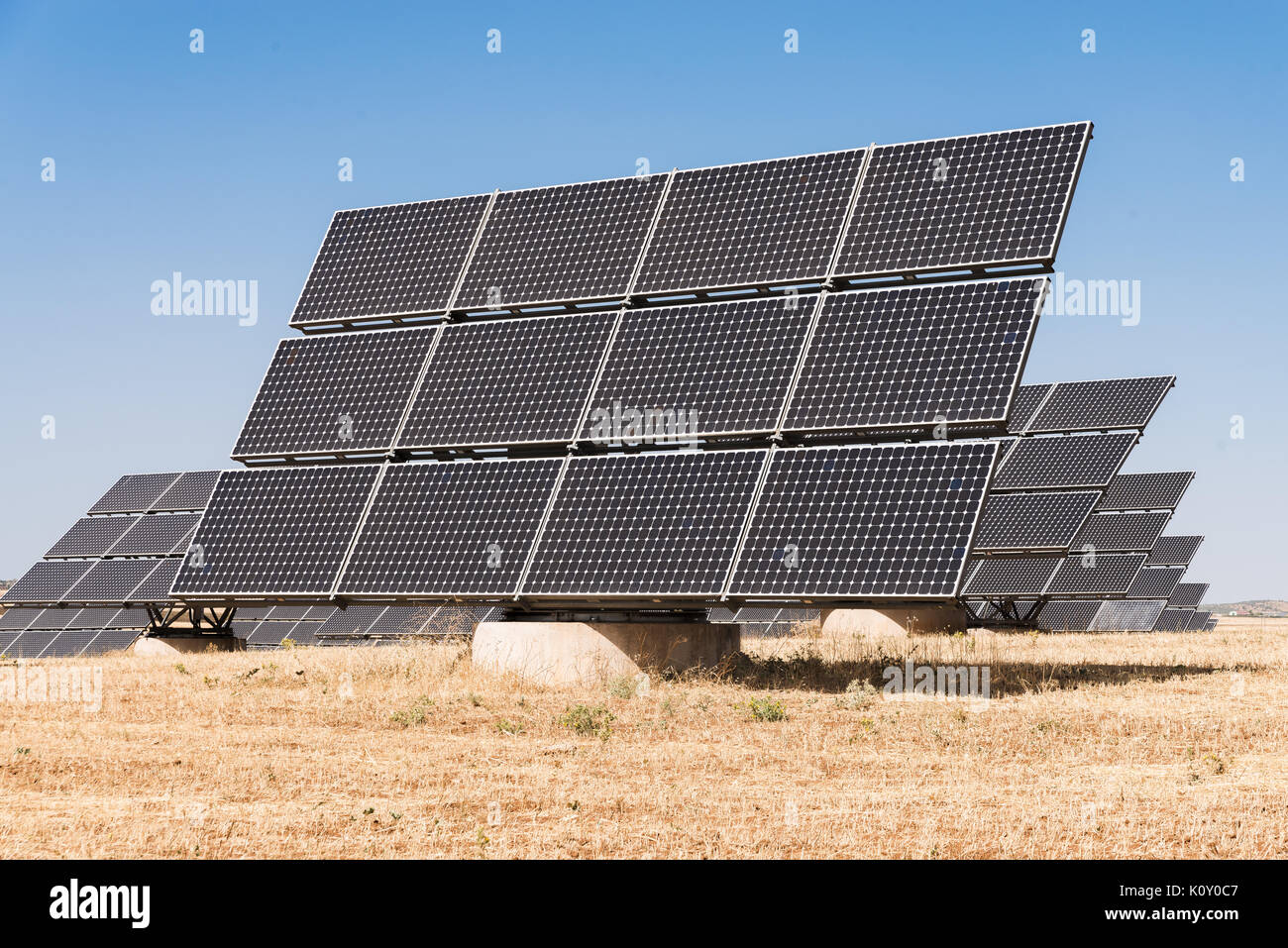 blue solar panels to generate power in Extremadura. Stock Photo