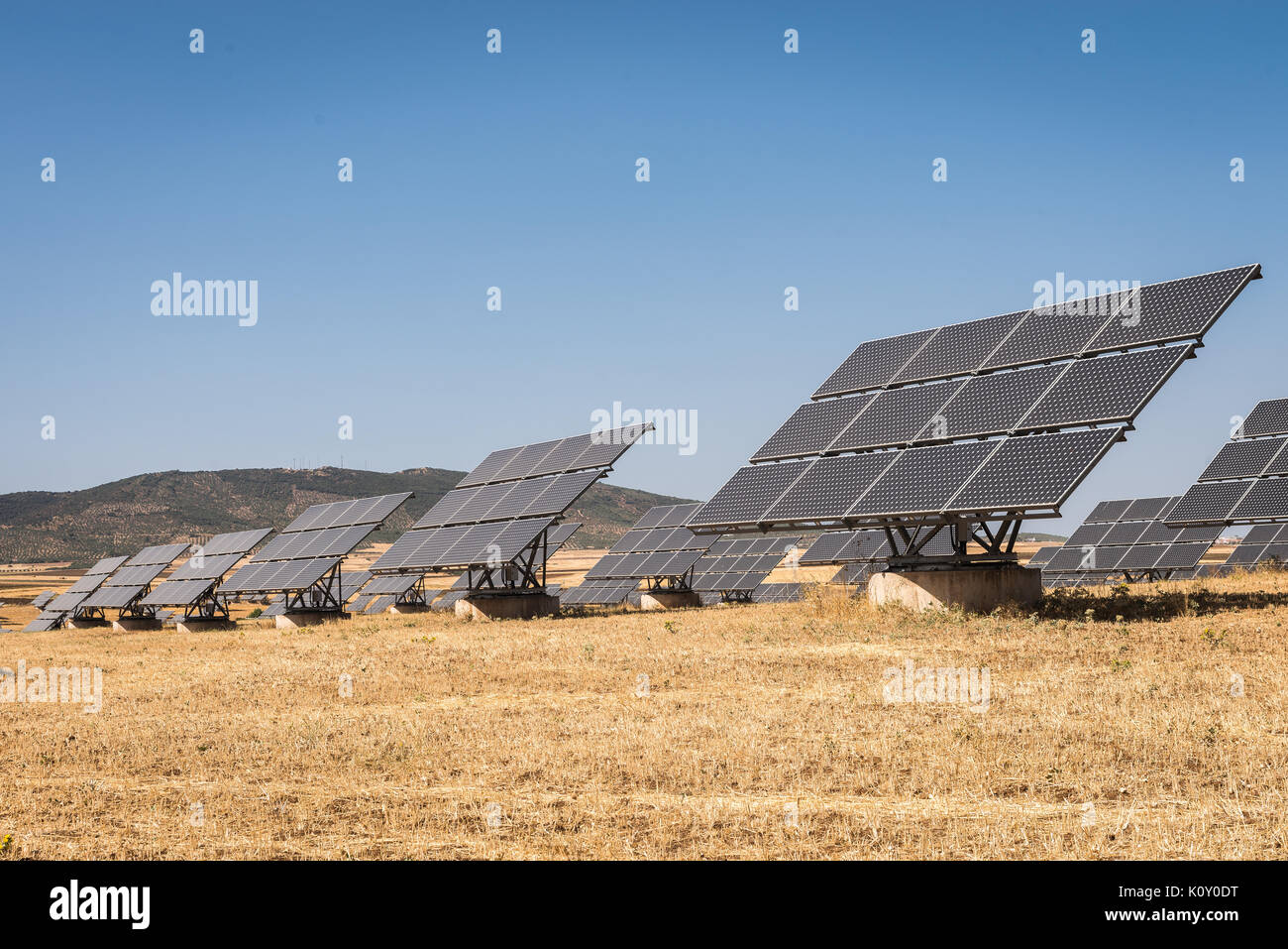 blue solar panels to generate power in Extremadura. Stock Photo