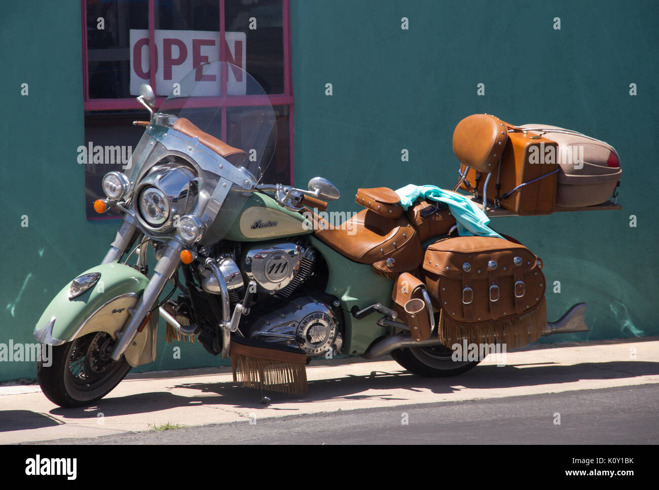 A light blue Indian Motorcycle parked near Kingman, along Route 66 Stock Photo