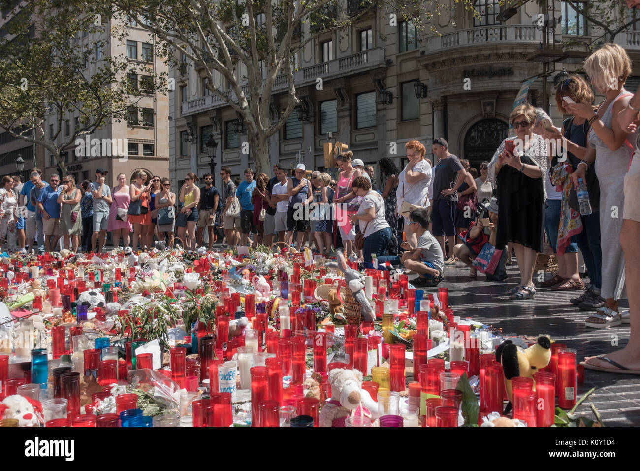 Memorial for victims of terror attacks in Las Ramblas in Barcelona,piety place,candles,terrorist attack Stock Photo